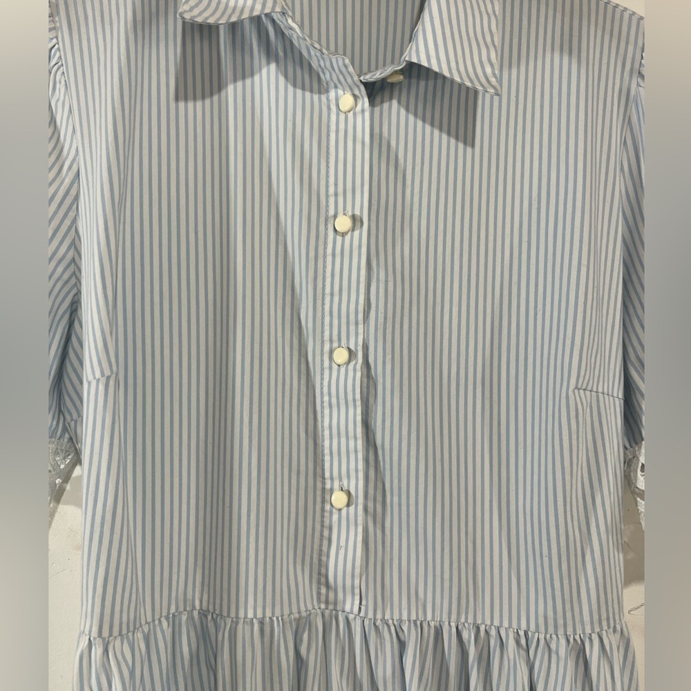 ADL Blue White Striped Shirt Dress Lace Sleeve Ruffle Hem Size XL - Picture 7 of 7